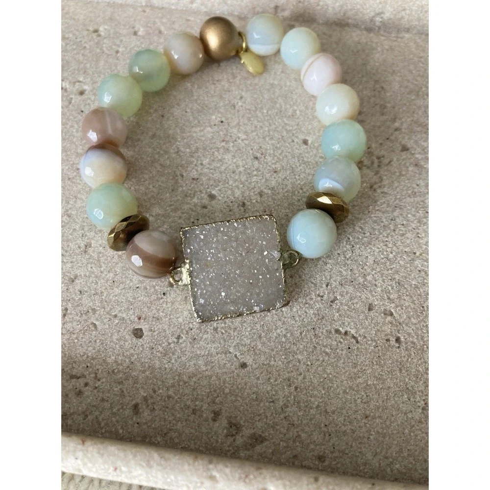 BPD Pastel Agate Beaded Stretch Bracelet Druzy Quartz Connector Gold Tone